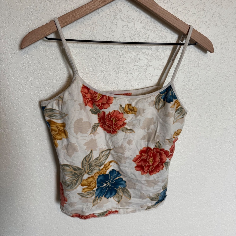 Vintage Tropical Y2K La Cabana Floral Cropped Cami Top Large Cream Multi